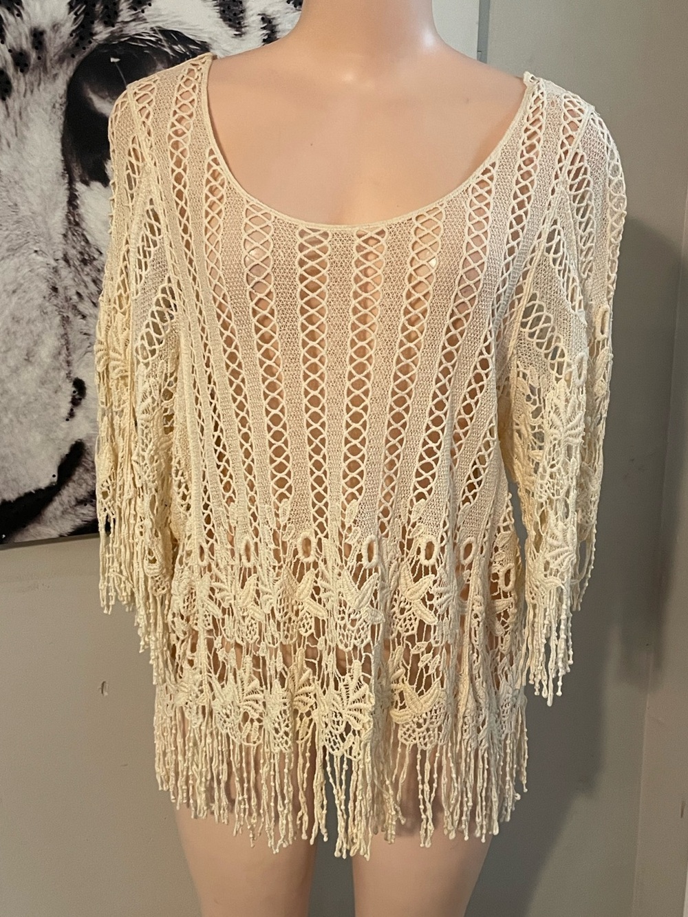 Boho vintage Vivid Importers Crochet Fringe Sweater Tunic top beach cotton XL